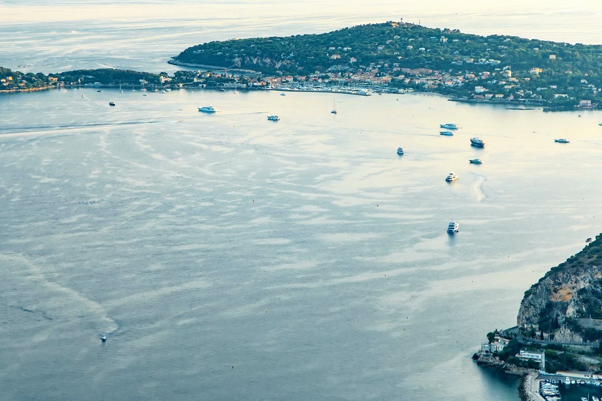Villefranche bay and Cap Ferrat from the heights, boats at anchor
