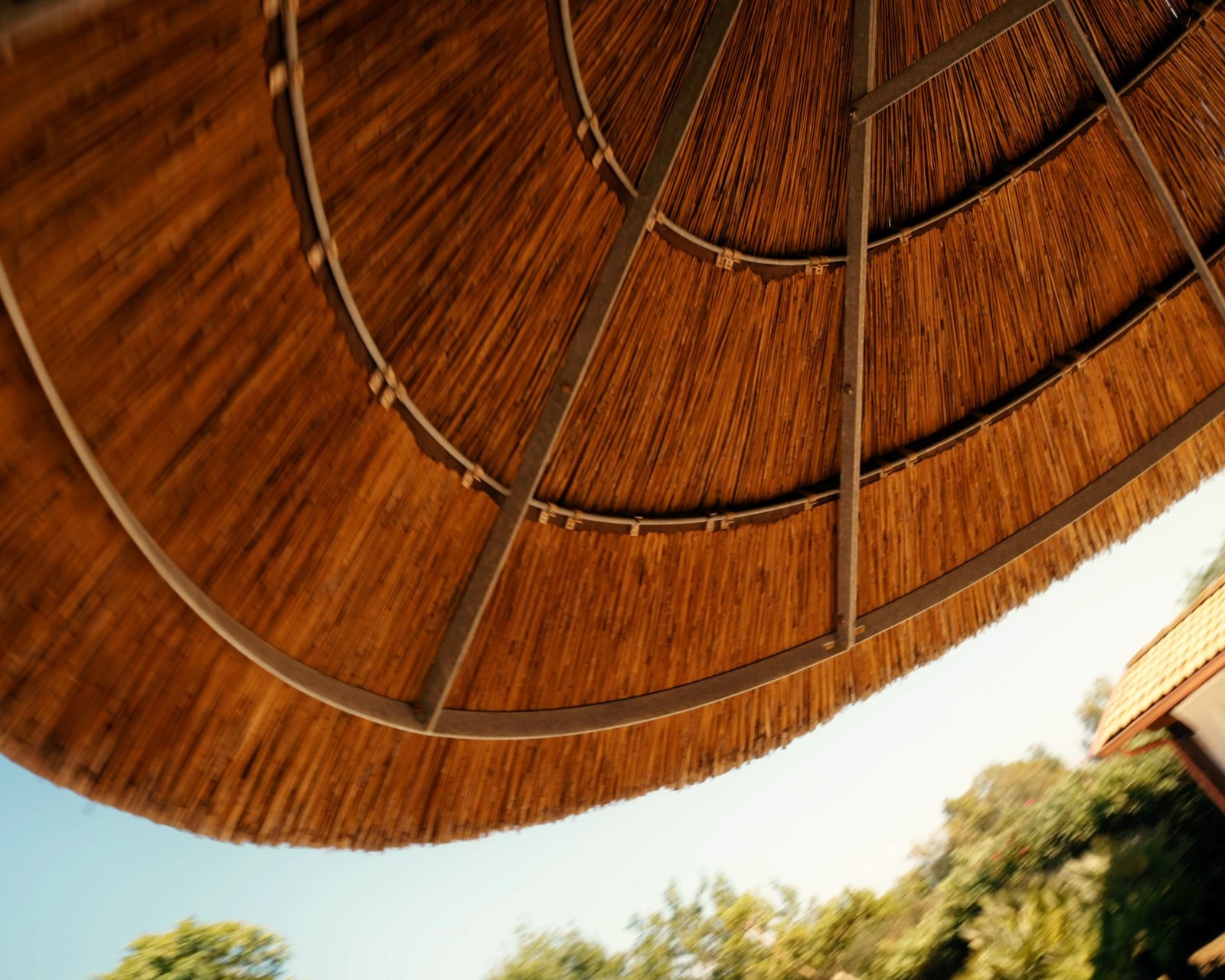 A straw parasol turning against a hard blue sky